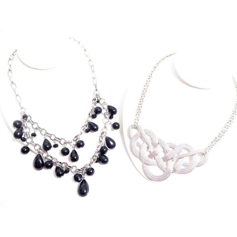 Statement Necklace Bundle Silver Tone Black‎ Beaded Bib & Woven Knot Lot of 2